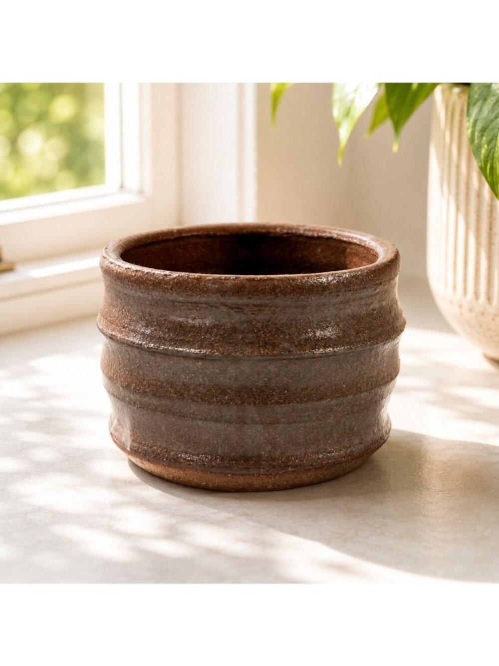 Handcrafted Brown Ceramic Pottery Planter With Ridged Design 3.5" Tall 4.5" Diam